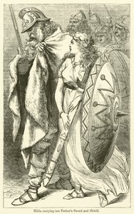 Hilda bär sin fars svärd och sköld (gravyr) av English School