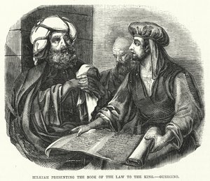 Hilkia presenterar lagboken för kungen, Guercino (gravyr) av English School