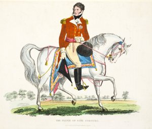 Hans kungliga höghet, The Prince Regent of Great Britain, pub. av Richard Evans, engr Romney, illustration från An Historical Account of the Battle of Waterloo av William Mudford, 1816 (färgad gravyr av English School