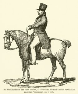 His Royal Highness the Duke of York, tagen under hans senaste besök på newmarket, från Observer, 8 januari 1827 (gravyr) av English School