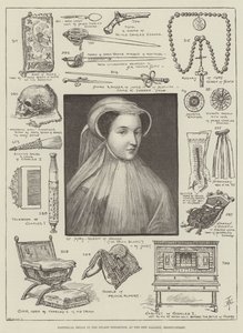 Historiska reliker i Stuart-utställningen, på New Gallery, Regent-Street (gravyr) av English School