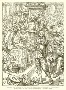 Håller talmannen för underhuset som ordförande när han godkände bibehållandet av framställningen om rätt, 2 mars 1629