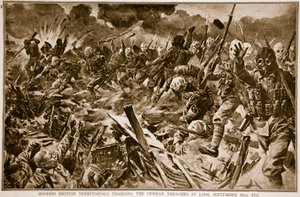 Brittiska territorier med huva laddar de tyska skyttegravarna vid Loos, 25 september 1915, 1914-19 av English School