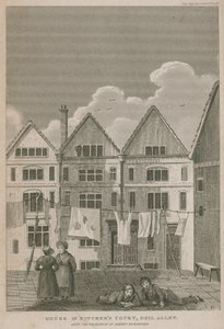 Hus i Pitchers Court, Bell Alley, en gång bostad för Robert Bloomfield av English School