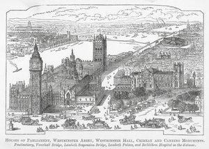 Houses of Parliament, Westminster Abbey, Westminster Hall, Crimean- och Canningmonumenten (gravyr) av English School