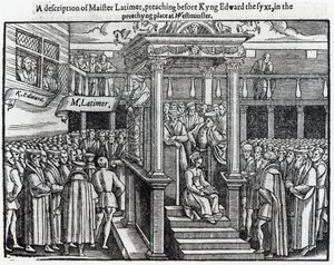Hugh Latimer (ca 1485-1555) Predikar inför kung Edward VI (1537-53) i Westminster 1547, från "Acts and Monuments" av John Foxe (1516-87) 1563 av English School