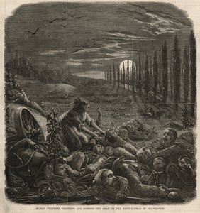 Mänskliga gamar som klär av och rånar de döda på slagfältet vid Gravelotte (gravyr) av English School