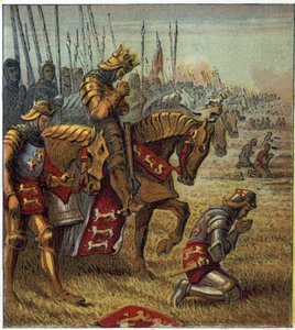 Hundraåriga krig: "" Slaget vid Azincourt den 25/10/1415"". Kung Henrik V (1387-1422) bad innan han konfronterade de franska trupperna. Slaget vid Agincourt: Kung Henrik den femte ber om seger före slaget. av English School