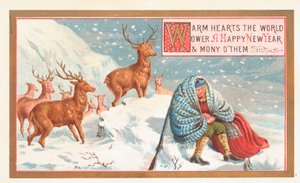 Jägare och Stags i snön, nyårskort av English School