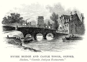 Hythe Bridge och Castle Tower, Oxford (gravyr) av English School