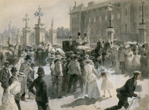Kung Edward VII:s sjukdom, läkarna lämnar palatset, juni 1902 (wc på papper) av English School