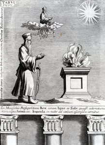 Illustration av Zoroaster som dyrkar elden och solen, 1697 av English School