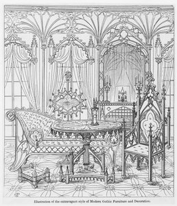 Illustration av den extravaganta stilen av moderna gotiska möbler och dekorationer, från True Principles of Pointed of Christian Architecture, av Augustus Welby Pugin (1812-52) av English School