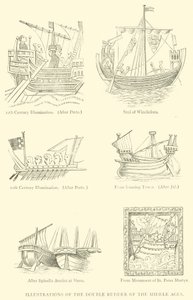 Illustrationer av medeltidens dubbelroder (gravyr) av English School