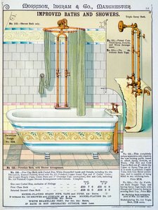 Förbättrade bad och duschar från en katalog över sanitetsartiklar producerad av Morrison, Ingram & Co., Manchester, publicerad ca 1890 av English School