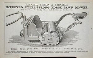 Improved Extra-Strong Horse Lawn Mower, illustration från en trädgårdskatalog, utgiven av Barnard Bishop & Barnard. av English School