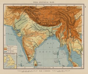Indien, fysisk karta (färglitografi) av English School
