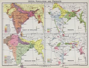 Indien, befolkning och produkter (färg litho) av English School