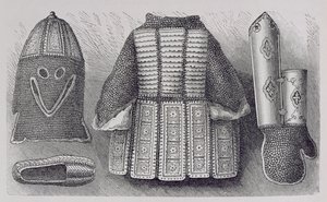 Indisk panoply bestående av hjälm, tunika, handskar och skor från Bhuj, från The History of Mankind, Vol.III, av Prof. Friedrich Ratzel, 1898 av English School