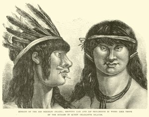 Indianer från Rio Oermejo (Brasilien), som visar öron- och läppprydnader i trä, som de från Hydahs på Queen Charlotte Islands av English School