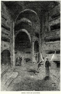 Invändig vy av katakomberna (gravyr) av English School