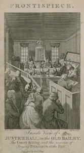 Inneifrån av Justice Hall i Old Bailey, domstolens sammanträde och sättet att döma fångar i baren av English School