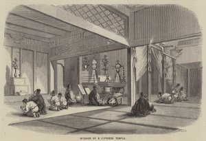 Interiör från ett japanskt tempel (gravyr) av English School