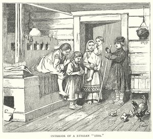 Innenraum einer russischen "Izba" (Gravur)