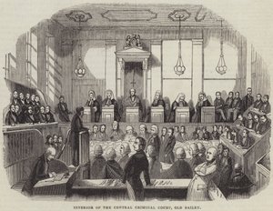 Interiör av Central Criminal Court, Old Bailey (gravyr) av English School