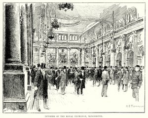 Interiör från Royal Exchange, Manchester (gravyr) av English School