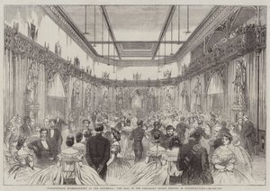 Internationell underhållning i Guildhall, balen i den tillfälliga salongen uppförd i Guildhall-Yard (gravyr) av English School