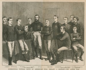 Internationell fotbollsmatch på Kennington Oval; England mot Skottland, det skotska laget av English School