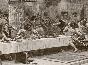 Interrupting Balliols Christmas Dinner, illustration från Cassells Illustrated History of England (sepiafoto) av English School