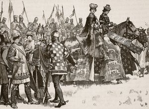 Intervju mellan Becket och kung Henry, illustration från Cassells Illustrated History of England (sepiafoto) av English School