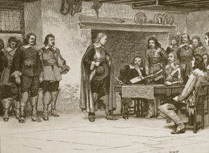 Intervju mellan Charles och Earl of Denbigh, illustration från Cassells Illustrated History of England (sepiafoto) av English School