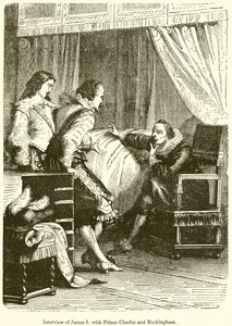 Intervju av James I. med prins Charles och Buckingham av English School