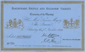 Inbjudan till öppningen av Blackfriars Bridge och Holborn Viaduct av English School
