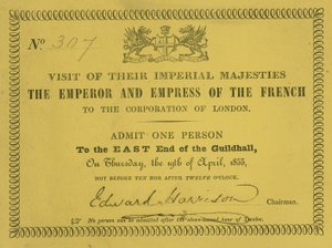 Inbjudan till besöket av deras kejserliga majestäter, fransmännens kejsare och kejsarinna, i Guildhall, London, den 19 april 1855 av English School