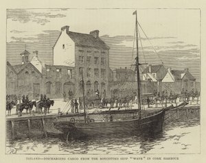 Irland, lossar last från det bojkottade skeppet "Wave" i Cork Harbor (gravyr) av English School