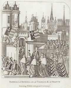 Isabella av Bayern, hustru till Charles K. av Frankrike på väg in i Paris med stor ceremoni av English School
