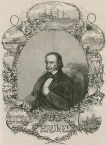 Isambard Kingdom Brunel omgiven av några av sina prestationer av English School