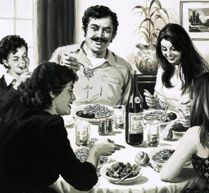 Italiensk familj som äter spagetti till middag av English School