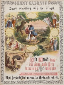 Jakob brottas med ängeln (färgad gravyr) av English School
