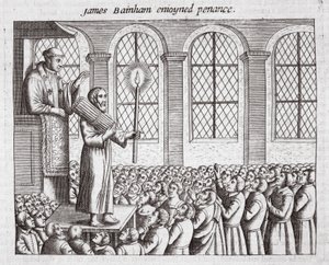 James Bainham njöt av botgöring, illustration från Acts and Monuments av John Foxe, nionde upplagan, pub. 1684 av English School