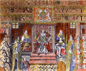 James I av England (1566-1625) vid Court, (gravyr) (senare färgläggning) av English School
