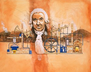 James Watt med ugnar och mekaniska pumpar i bakgrunden av English School