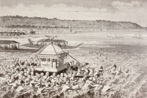 Japanska fiskare som firar Gots-Tennoo på 1800-talet (litho) av English School