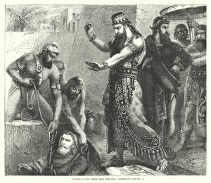 Jeremia släppte ner i gropen, Jeremia XXXVIII, 6 (gravyr) av English School