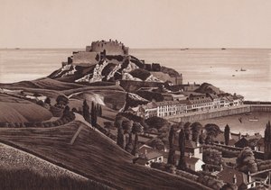 Jersey, Chanelöarna: Mount Orgueil Castle och Gorey Harbour (litografi) av English School