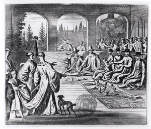 Jesuiter med holländska och portugisiska köpmän vid den japanska kejsarens hov, illustration från A Memorable Embassy to the Emperor of Japan av Arnold Montanus, publicerad i London 1670 av English School